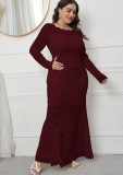 Spring Burgunry Lace Long Sleeves Plus Size Evening Dress