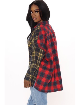 Spring Contrast Color Plaid Print Casual Long Sleeve Blouse