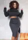 Spring Black Zippers Cut Out Crop Top and Midi Skirt Two Piece Set