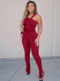 Spring Red Ribbed Irregular Bodysuit and Pants Two Piece Set