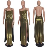 Spring Gold Metallic Sexy Side Slit Halter Long Party Dress