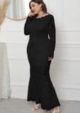 Spring Black Lace Long Sleeves Plus Size Evening Dress