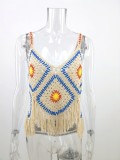 Summer Khaki Crochet Geommetric Islander Tassel Vest