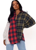 Spring Contrast Color Plaid Print Casual Long Sleeve Blouse