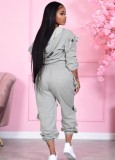 Spring Grey Ruffles Hoody Crop Top and Pants Two Piece Set