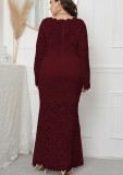 Spring Burgunry Lace Long Sleeves Plus Size Evening Dress