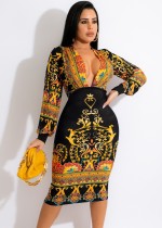 Spring Black Print Ethic Deep-V Puff Sleeve Elegant Midi Dress