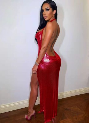 Spring Red Metallic Sexy Side Slit Halter Long Party Dress