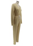 Spring Khaki Casual Drawstrings V-Neck Long Sleeve Jumpsuit