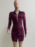 Spring Purple Metallic Button Up Ruched Mini Club Dress