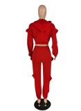 Spring Red Ruffles Hoody Crop Top and Pants Two Piece Set