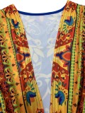 Spring Blue Print Ethic Deep-V Puff Sleeve Elegant Midi Dress