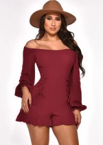 Spring Burgunry Off Shoulder Lace-Up Ruffles Rompers