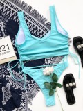 Blue Two Piece Ruched Strings Sleeveless Swimwear
