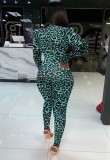 Spring Green Leopard Print Sexy Long Sleeve Party Jumpsuit