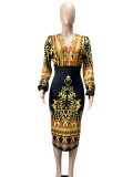 Spring Black Print Ethic Deep-V Puff Sleeve Elegant Midi Dress