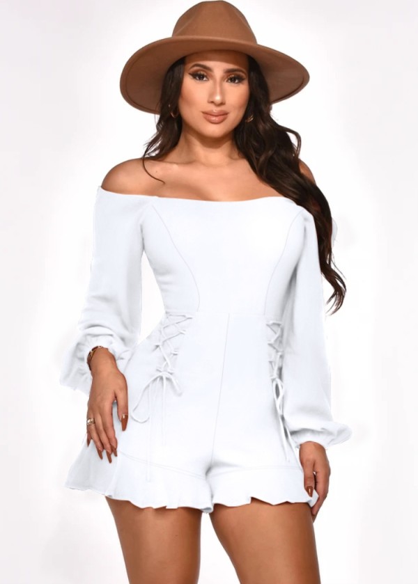 Spring White Off Shoulder Lace-Up Ruffles Rompers