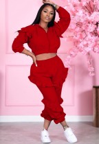 Spring Red Ruffles Hoody Crop Top and Pants Two Piece Set