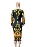 Spring Black Print Ethic Deep-V Puff Sleeve Elegant Midi Dress