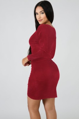 Winter Red Velvet V-Neck Ruched Mini Club Dress