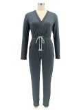 Spring Grey Casual Drawstrings V-Neck Long Sleeve Jumpsuit