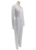 Spring White Casual Drawstrings V-Neck Long Sleeve Jumpsuit