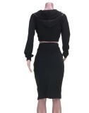 Spring Black Zippers Cut Out Crop Top and Midi Skirt Two Piece Set