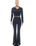 Spring Black Ribbed Crop Top and Flare Pants Two Piece Set