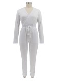 Spring White Casual Drawstrings V-Neck Long Sleeve Jumpsuit