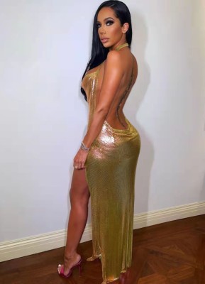 Spring Gold Metallic Sexy Side Slit Halter Long Party Dress