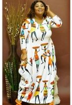 Spring White Print Africa Loose Cut Plus Size Long Dress