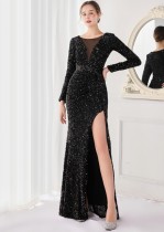 Winter Elegant Black Sequins Mesh Patch Long Sleeve Slit Mermaid Formal Cocktail Evening Dress