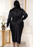 Spring Plus Size Black Turndown Collar Ruched Tied Button Up Blouse Dress