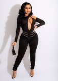 Spring Sexy Black Round Neck Cutout Long Sleeve Tight Jumpsuit