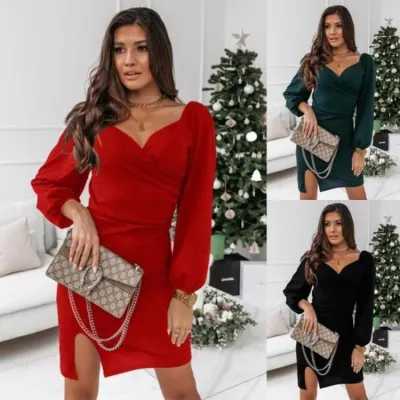 Spring Red Sweetheart Puff Sleeve Slit Casual Mini Dress