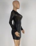 Spring Sexy Black Sequins Patch Round Neck Long Sleeve Slim PU Leather Club Dres