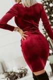 Winter Sexy Wine Red Velvet Wrap V Neck Long Sleeve Irregular Ruched Dress