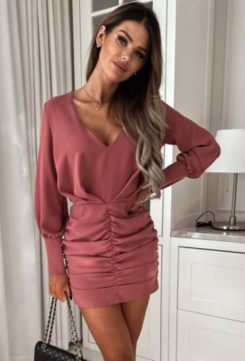 Spring Pink V Neck Long Sleeve Ruched Casual Dress