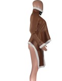 Winter Brown Faux PU Leather Patch Fleece Zipper Up Long Sleeve Irregular Coat