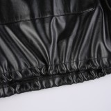 Spring Casual Black Zipper Up Long Sleeve Faux PU Leather Long Hoodies