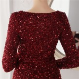 Winter Elegant Red Sequins Mesh Patch Long Sleeve Slit Mermaid Formal Cocktail Evening Dress