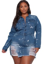 Spring Casual Plus Size Ripped Turndown Collar Button Up Long Sleeve Blue Denim Dress