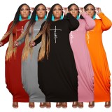 Winter Plus Size Orange Printed Round Neck Long Sleeve Loose Long Dress