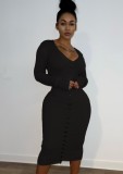 Spring Sexy Black U Neck Long Sleeve Button Slim Rib Midi Dress