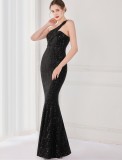 Spring Elegant Bling Bling Black Sequins One Shoulder Sleeveless Mermaid Formal Cocktail Evening Dress