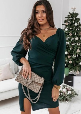 Spring Green Sweetheart Puff Sleeve Slit Casual Mini Dress