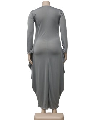 Winter Plus Size Gray Printed Round Neck Long Sleeve Loose Long Dress