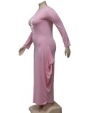 Winter Plus Size Pink Printed Round Neck Long Sleeve Loose Long Dress