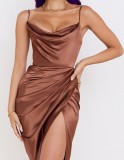 Spring Sexy Brown Straps Ruched Slit Satin Party Dress