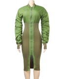 Winter Sexy Green Ruched Long Sleeve Zip Slit Slim Midi Dress